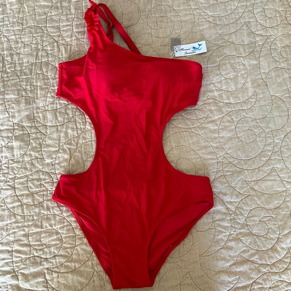 Red One Shoulder Cut Out Mermaid Swimwear Bathing Suit - Size M - Picture 1 of 4